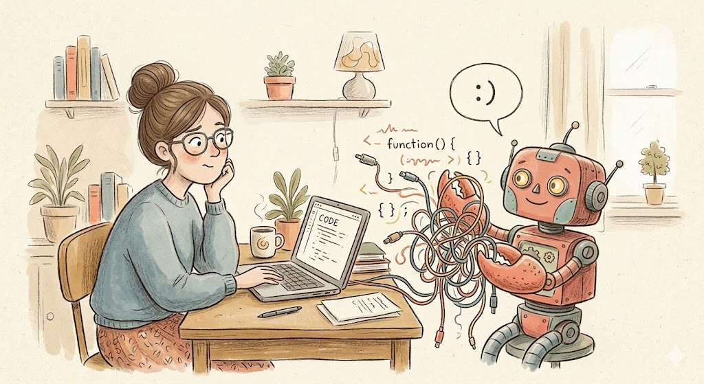 Whimsical illustration of a woman at a laptop looking bemused while a small robot holds up tangled wires